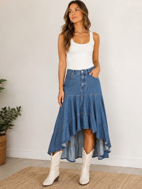 Risen Jeans Dresses & Skirts - Risen NWT RDS6280 High Low Denim Maxi Skirt Size L Tiered Ruffle